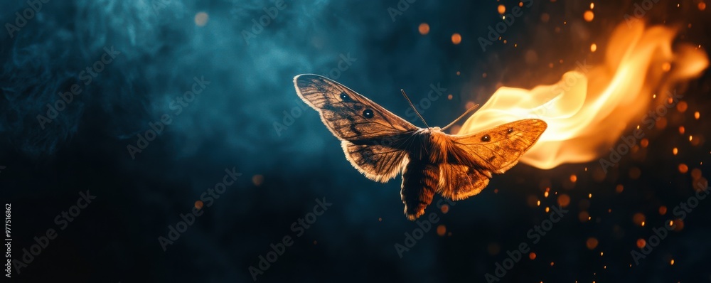 Poster macro shot of a moth drawn towards a glowing flame, showcasing its intricate wings illuminated by th