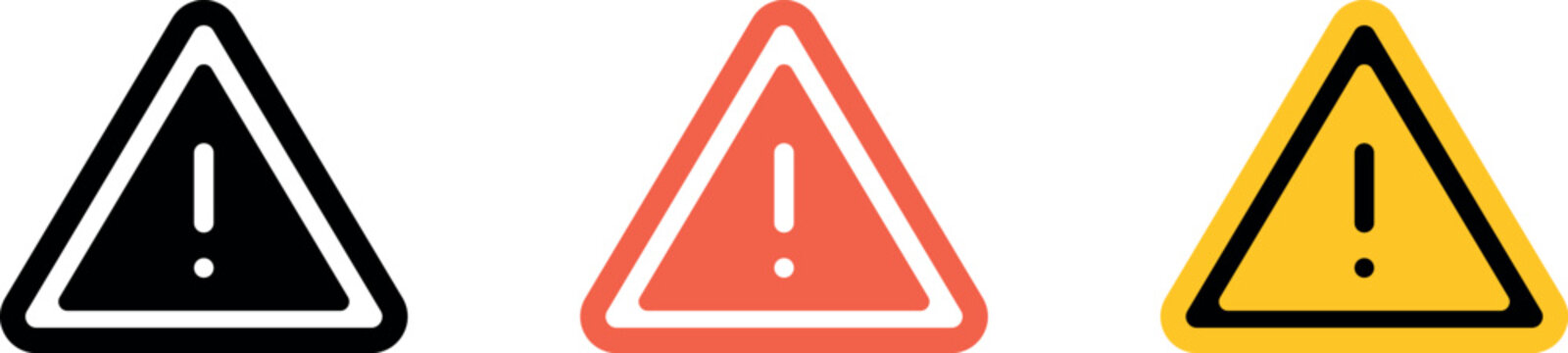 Attention sign icon set. Black, color, linear. Icons, symbols, signs. Exclamation danger sign. Attention sign icon set. Hazard warning attention sign. Silhouette on white background.