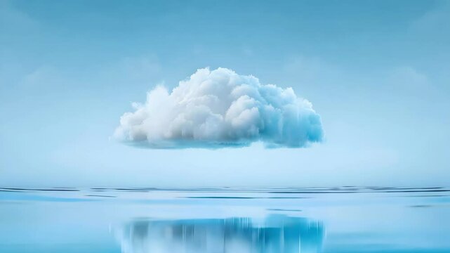 A single fluffy cloud floating above a calm, reflective body of water under a tranquil blue sky.