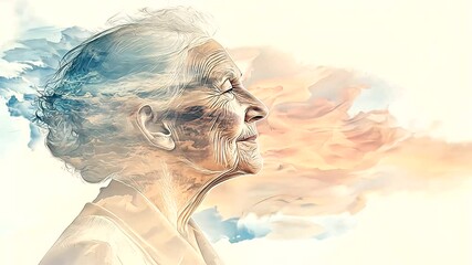 abstract illustration of an elderly woman with a fragmented silhouette, symbolizing the cognitive decline associated with dementia and Alzheimer's, with swirling, fading patterns t