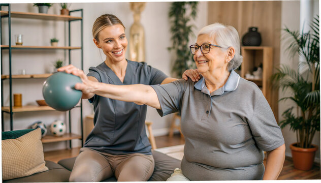 Caregiver assisting elderly woman during rehabilitation exercises with gym ball - Powered by Adobe