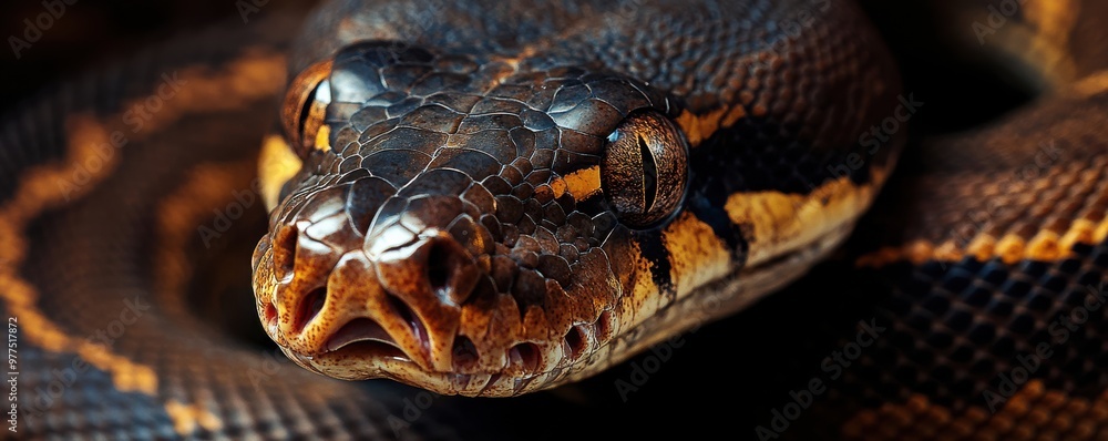 Poster macro shot of a python's head highlighting intricate scale details and intense gaze against a dark b