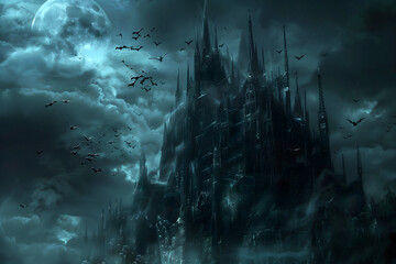 Dark Gothic Castle Under Full Moon with Bats