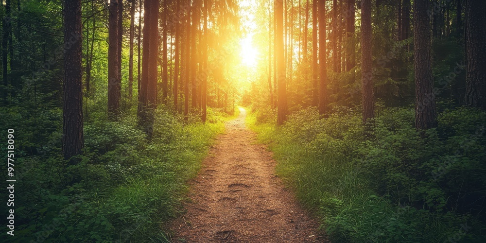 Poster a tranquil forest path illuminated by warm sunlight, inviting exploration and connection with nature
