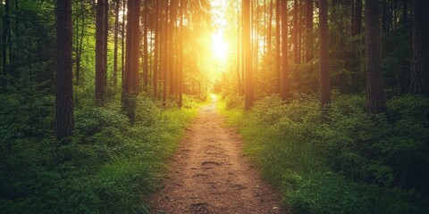 Fototapeta premium A tranquil forest path illuminated by warm sunlight, inviting exploration and connection with nature's beauty.