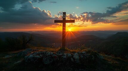 Capturesun a rise behind the cross on the moutains. AI generated