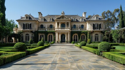 Obraz premium A luxurious mansion with a grand entrance, perfectly trimmed hedges, and a spacious driveway
