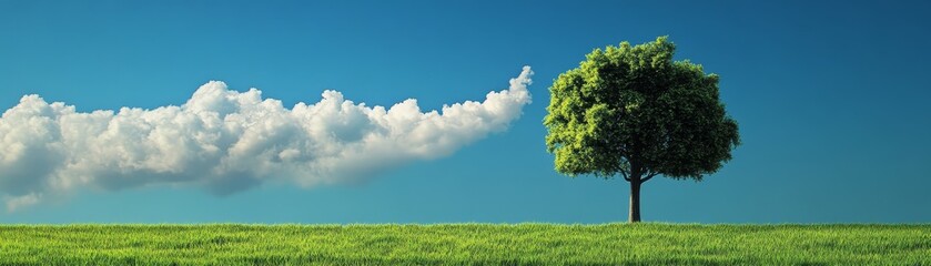 Obraz premium Single Tree in a Green Field with Blue Sky and White Clouds