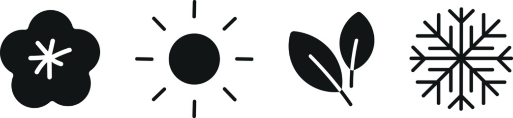 Four seasons summer, winter, spring, fall, autumn icon. Seasons icons, signs, symbols. Flower, sun, leaves, snowflake. 