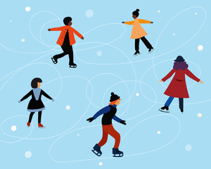 Vector set with children ice skating. Children ice skating on a frozen lake. Winter fun. 