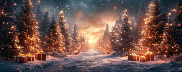 Obraz premium Starlit sky over snowy path lined with Christmas gifts