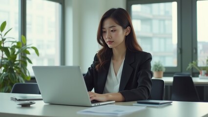 Asian woman working on a laptop at a modern office desk with natural light from a large window, showcasing a productive and serene work environment with greenery and contemporary office decor.
