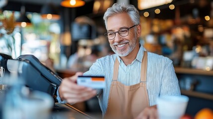 Fototapeta premium A smiling barista with gray hair and glasses wearing an apron holds a credit card at a bustling coffee shop counter, illustrating customer service and contentment.