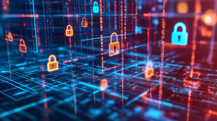 Obraz premium Cybersecurity network with glowing padlock icons, data protection, digital security, encryption, secure access, online safety, cloud security, futuristic technology background, cyber defense system AI