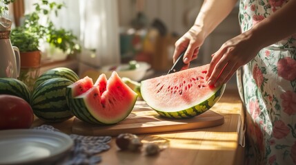 In a sunny kitchen, a person slices a vibrant watermelon, radiating a cheerful, summery vibe.