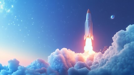 Rocket launch with a fiery exhaust and smoke on a light blue sky. Abstract background.
