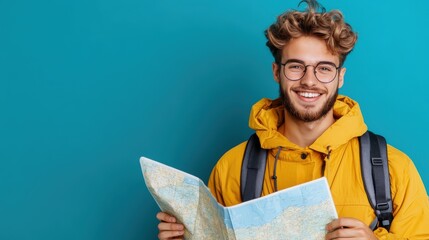 A young man with curly hair and glasses wears a yellow jacket and carries a backpack while looking at a map, highlighting adventure and curiosity.
