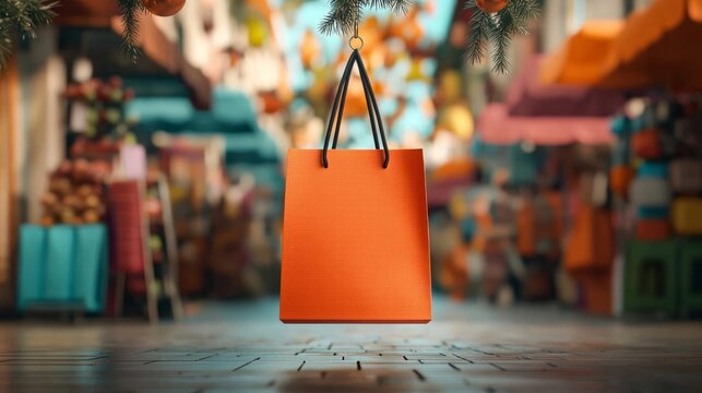 A Black Friday advertisement featuring A floating orange shopping bag captures the lively atmosphere of a colorful market street, symbolizing vibrant retail experiences.