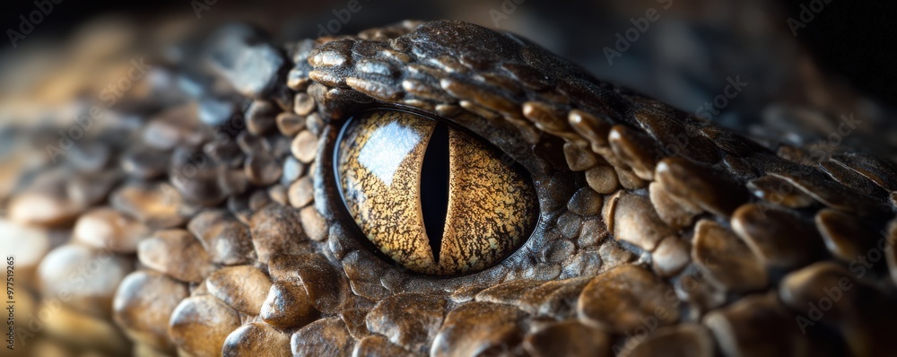 Poster close-up of a rattlesnake eye showcasing intricate scales and captivating details in a stunning macr