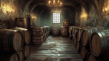 spacious room adorned with wooden barrels, emphasizing the unique decor and layout that combine rustic style with practical storage solutions