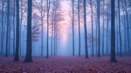 Obraz premium Misty autumn forest with tall trees and fallen leaves, tranquil atmospheric landscape at dawn 