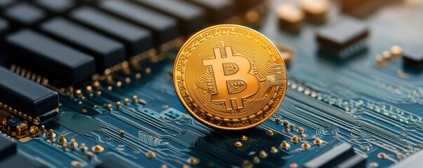 A golden bitcoin stands prominently on a digital circuit board, symbolizing the intersection of technology and cryptocurrency.
