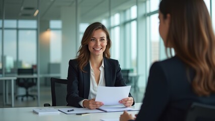 Female Candidate Undergoing an Extensive Job Interview with HR Manager for a B2B Role, Discussing Recruitment and Business Collaboration.