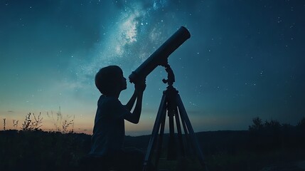 Child looking through a telescope at night, great for astronomy, science, and curiosity-themed visuals.