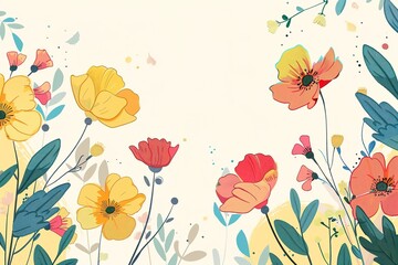 Obraz premium Watercolor wild flowers field illustration. Seamless floral field banner with hand painted aquarelle various flowers