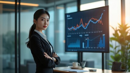 Fototapeta premium Businesswoman Standing in Front of a Digital Screen with Graphs, Charts, and Figures, Highlighting Performance Metrics and Financial Analysis in a Corporate Environment.