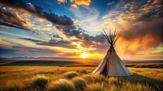 Traditional Native American teepee in grassy plains at sunset with beautiful landscape background