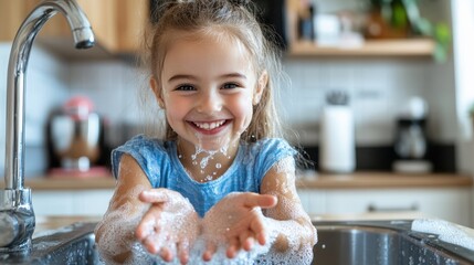 A young girl beams with joy as she plays with water and soap bubbles at a kitchen sink, wearing a blue t-shirt, amidst a warm and cheerful family kitchen setting.