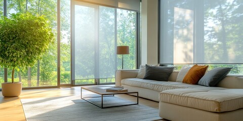 Bright and modern living room with large windows, cozy sofa, and stylish decor, creating a serene and inviting atmosphere.