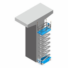Isometric view of ascended scissor lift at the pier head column work illustration. Mobile elevated working platform equipment for construction and industrial work.