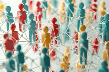 Network connection made from push pins and thread on blue background, close-up.