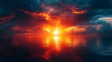 Dramatic Lightning Sunset Over the Ocean - Illustration