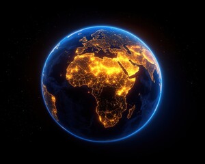 A stunning view of Earth at night, showcasing illuminated cities and vibrant landscapes across the continents.