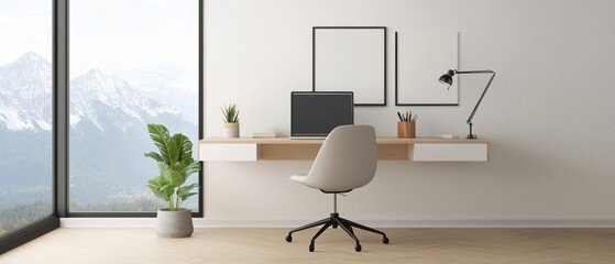 A bright home office with a floating desk, ergonomic chair, and large windows letting in natural light, creating a productive and serene workspace