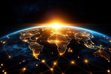 Obraz premium A stunning view of Earth at sunrise, showcasing illuminated continents and a network of connections against a dark backdrop.