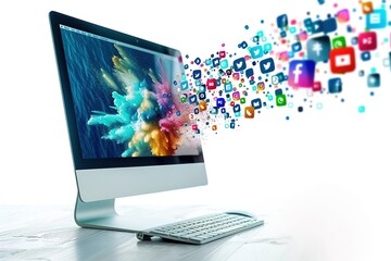 3d rendering of desktop with all devices showing modern design website. All screen graphics are made up.