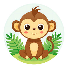 Fototapeta premium Clipart. Round shape. White background. Cute monkey baby. Smiling, sitting on the ground. Above the ape are several leafs of a palm. Only one tail