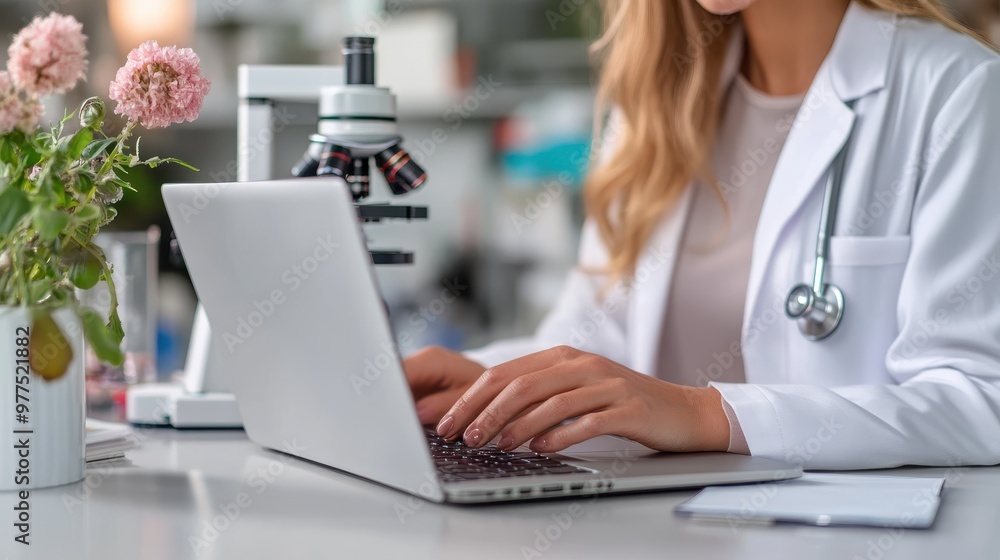 Poster a scientist working diligently on a laptop in a laboratory setting with a microscope in the backgrou