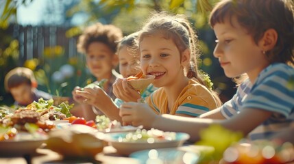 Fototapeta premium A joyful outdoor gathering with children and adults enjoying a meal together under the sun. The table is filled with colorful dishes and kabobs, creating a happy and casual atmosphere.