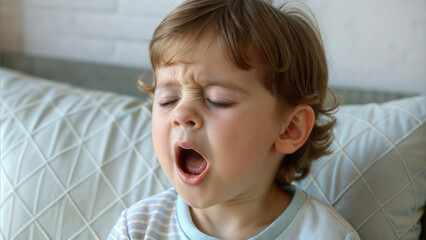 Young child yawning and looking tired while sitting indoors