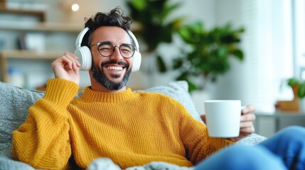 A bearded man wearing glasses and headphones is seated on a couch, holding a coffee mug and smiling widely in a cozy modern home setting.