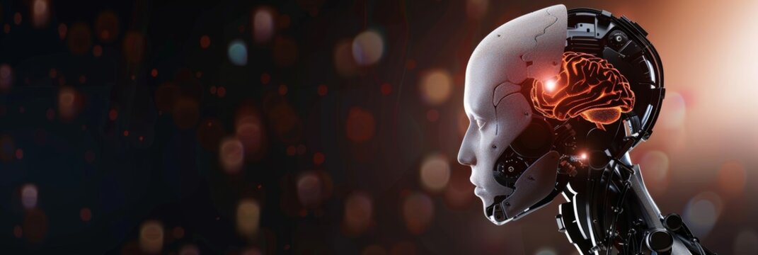 AI robot side view on a blurred dark background, perfect for text or banner design