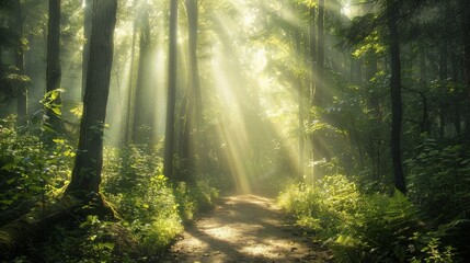 A mist-filled forest path with rays of sunlight filtering through the trees, casting a serene glow on the trail