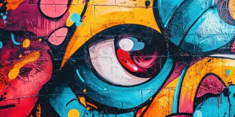 Colorful graffiti featuring an artistic eye design on a brick wall, showcasing vibrant hues and...