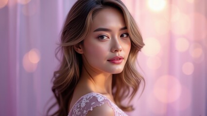 The young woman&rsquo;s serene expression captures the essence of contemplation, her dark hair cascading around her shoulders, while the gentle glow from the background enhances the image's warmth.