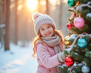 A happy girl decorates a Christmas tree in the winter forest
